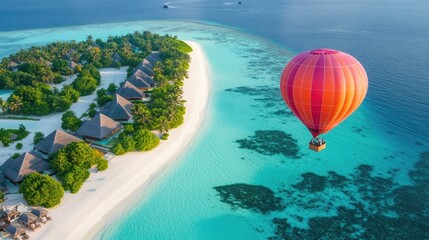 Fototapeta premium Colorful Hot Air Balloon Over Tropical Island Landscape