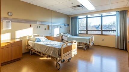 Calm hospital recovery room with clean beds, light wood accents, and spacious windows letting in natural light.