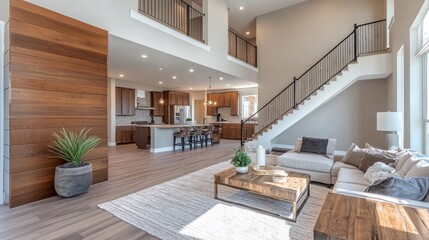 Contemporary living space with warm walnut wall accents and light plank flooring near an open staircase