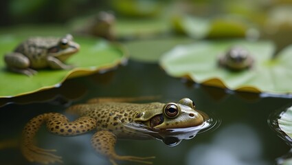 Fototapeta premium Tadpole swimming in pond with adult frogs on lily pads