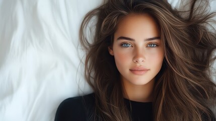 Naklejka premium Beautiful 18-year-old French girl with long brown hair and blue eyes smiles in modern black attire while relaxing in her bedroom