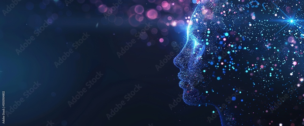 Poster a profile of a digital face composed of blue and orange glowing particles against a dark background.