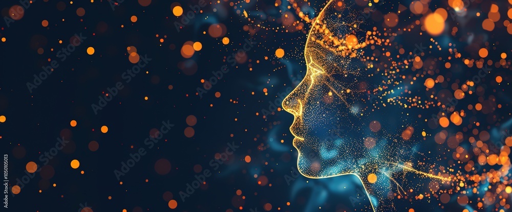 Poster a profile of a digital face composed of blue and orange glowing particles against a dark background.