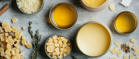 A flat lay of natural wax and oils with herbs on a textured surface, ideal for DIY skincare