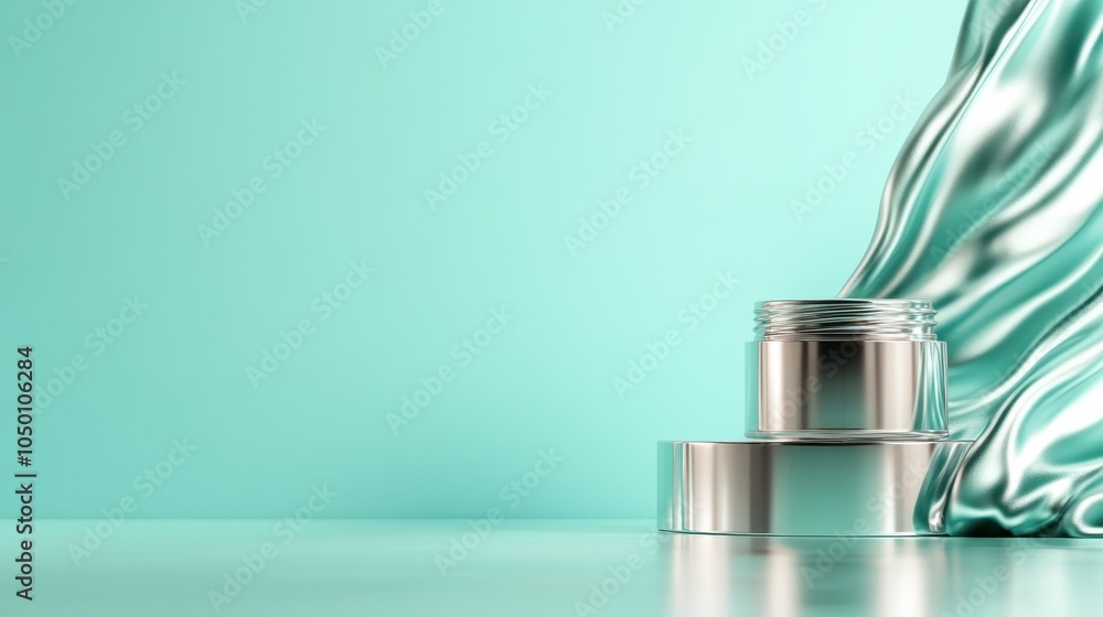 Poster two shiny metal containers are placed on a reflective surface, accompanied by flowing metallic fabri
