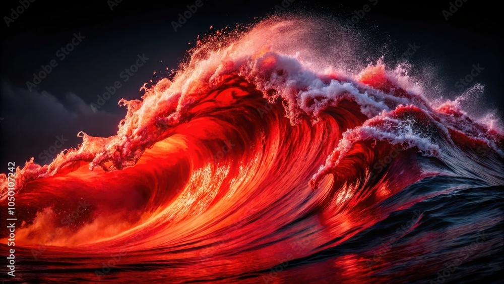 Poster A fiery wave crashes with a magnificent display of power and color, illuminating the ocean with incandescent red and white hues.