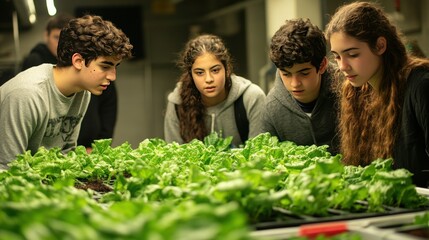 Four teenagers look intently at a row of green plants in a hydroponics lab.