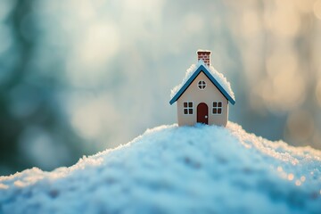 A small house is sitting on top of a snowy hill. The house is white and has a red door. The snow around the house is piled up, creating a cozy and wintery atmosphere