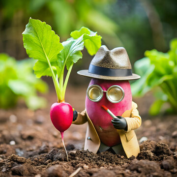 A clever radish in a detective outfit investigates a mystery, blending humor and creativity in a whimsical.