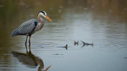Fototapeta premium Majestic heron waiting in shallow pond embodying patience and strength