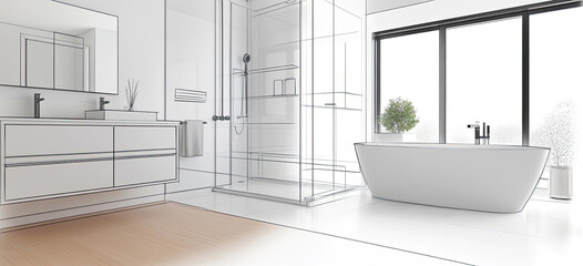 Badezimmerplanung als Zeichnung mit fotorealistischen Elementen in modernem Weiß