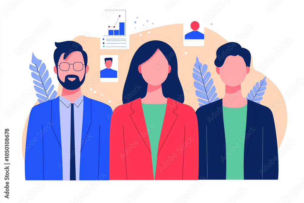 Poster digital hr network with connected people icons and performance data, futuristic team management