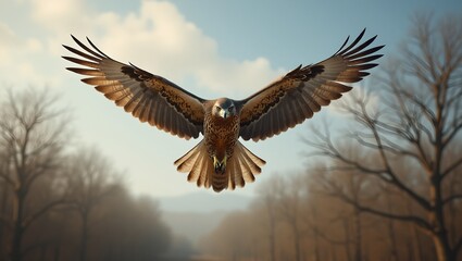 Fototapeta premium Majestic hawk in flight over lush trees embodying freedom