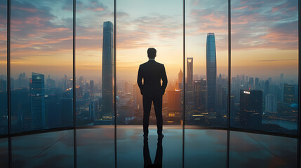 Fototapeta premium Businessman standing in an office room with a panoramic window overlooking the cityscape at sunset, gazing out over the skyline and skyscrapers, symbolizing the success of corporate busin AI Editing.