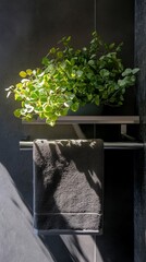 Modern bathroom with dark grey textured walls, dag light, minimalist towel rack, and floral accents, evoking elegance, style, and contemporary interior design