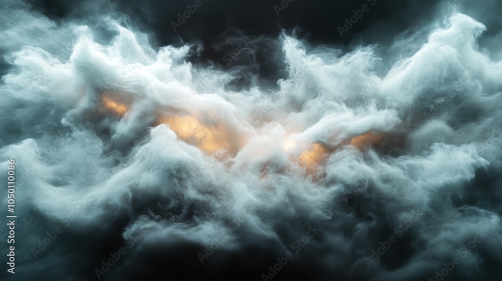 Poster white clouds swirl through the sky with an inner glowing light, creating a mystical and ethereal atm