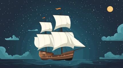 Naklejka premium Vintage Sailing Ship in Starry Ocean Night