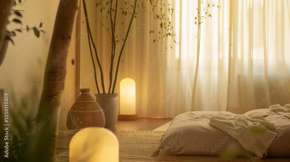 Poster a serene scene of a patient undergoing a relaxation therapy session with a focus on soothing ambianc