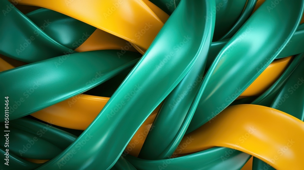 Poster a close-up of intertwined green and yellow ribbons forming a smooth, flowing pattern, showcasing a p
