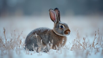 Obraz premium Alert rabbit in frozen field symbolizing wildlife vulnerability