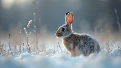 Obraz premium Alert rabbit in frozen field symbolizing wildlife vulnerability