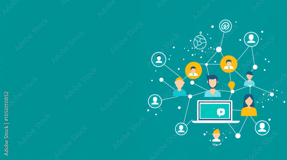 Poster a flat vector illustration of a digital network with people using laptops and smartphones, connected