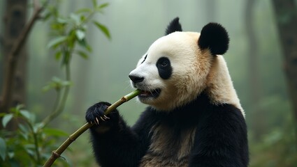 Fototapeta premium Tranquil panda in misty forest savoring bamboo