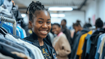 Naklejka premium Organizing a clothing drive and distributing clothes to families in need at a charity event by African-American volunteer. Process of sorting textile for donation, charity, recycling
