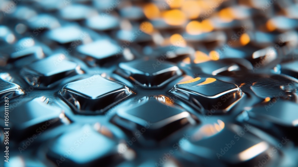 Poster close-up of shiny metallic square textures with warm reflections, showcasing a modern, abstract surf