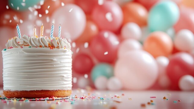 A beautifully frosted white cake adorned with colorful sprinkles is set against a backdrop of soft, warm tone balloons, creating a festive and inviting scene.