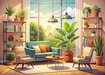 Fototapeta premium Cozy Living Room Interior with Table, Armchair, Lamp, Houseplants, and Books in Pastel Colors - Panoramic Flat Vector Illustration for Home Decor Inspiration