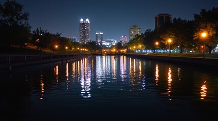 Fototapeta premium Nighttime Cityscape Reflection on River