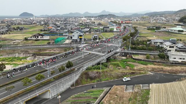 aerial view of marathon runners