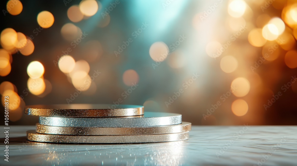 Poster a stack of gold and silver discs rests on a textured surface against a background of warm and cool b