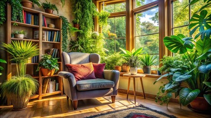 Fototapeta premium Cozy Reading Nook with Stylish Chair Surrounded by Lush Plants for Relaxation and Serenity