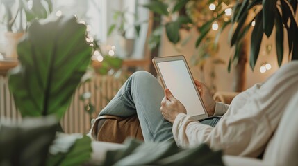 A serene scene of a patient using a mental health app on a tablet, sitting in a calm and cozy therapy room, set against a soothing