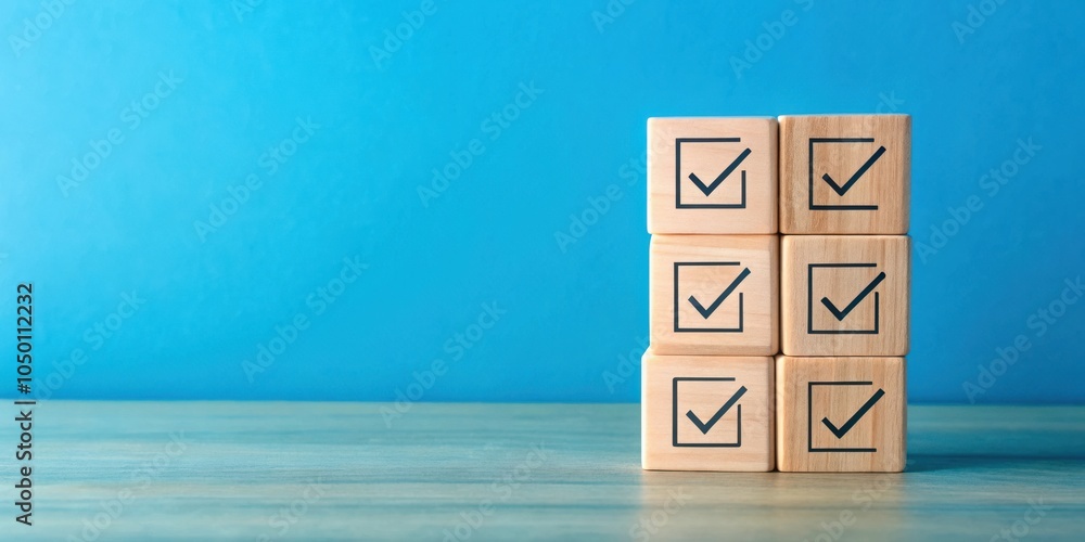Poster wooden blocks with check marks representing a completed checklist, a concept of successful tasks and