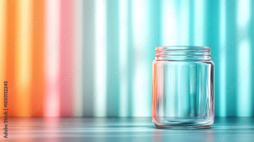 Aufkleber an empty glass jar is set against a backdrop of vertical colorful stripes, creating a playful and vi