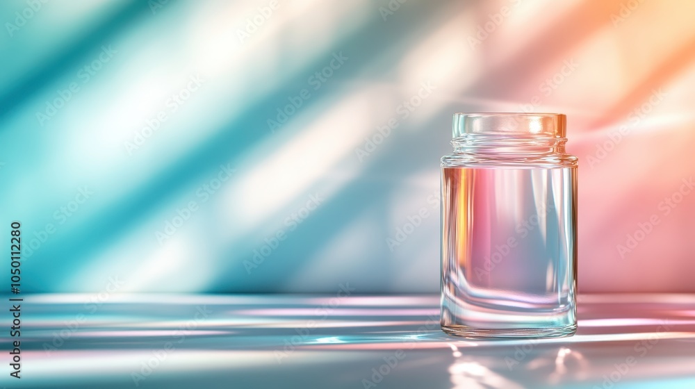 Poster a minimalist image featuring a clear glass jar with beautiful reflections set against a colorful bac