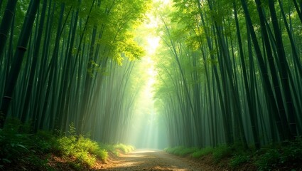 Obraz premium Tranquil bamboo forest with dappled sunlight