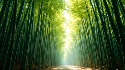 Fototapeta premium Tranquil bamboo forest with dappled sunlight