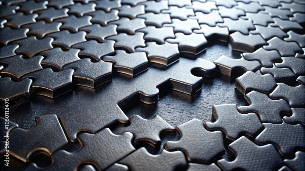 Poster A close-up view of an incomplete black puzzle, showcasing the interlocking pieces with a missing piece, highlighting the concept of collaboration and unity.