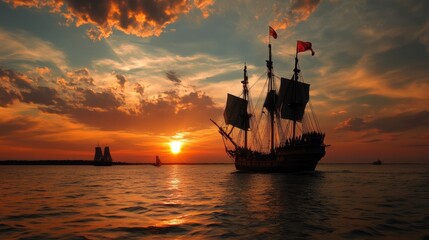 Historical Ship Silhouette at Sunset