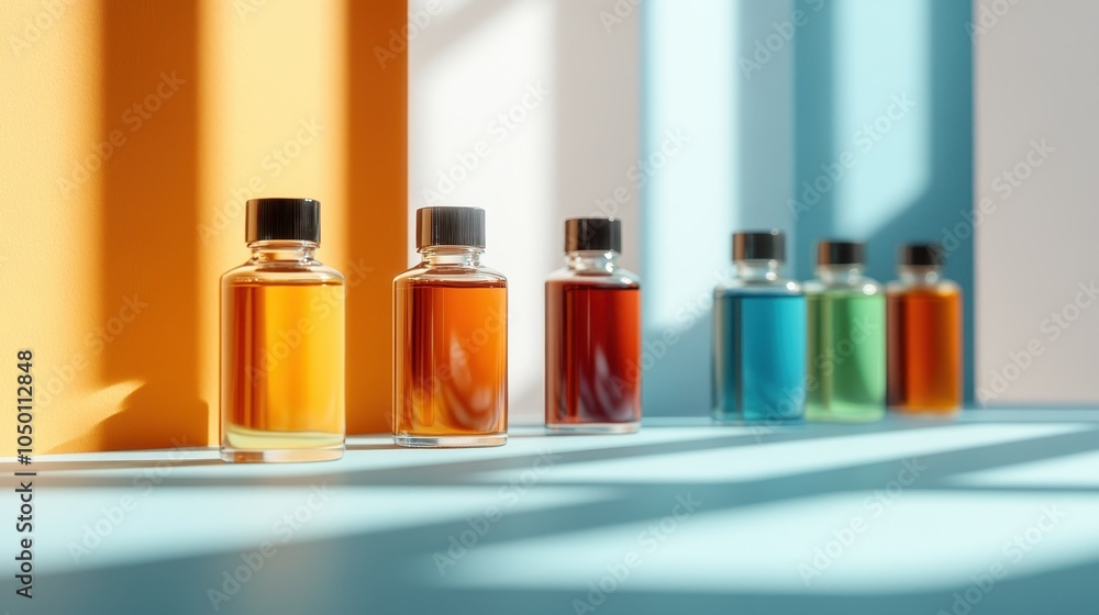 Poster a row of vibrant glass bottles filled with various colored liquids, casting dynamic shadows on a pas