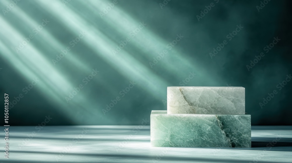 Poster two rectangular green stone blocks placed artistically on a smooth surface, captured under ambient l