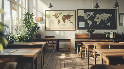 A vintage school classroom with wooden desks and chalkboards, capturing the nostalgic atmosphere of old-school education. High-resolution photography, insanely detailed, fine details, sto  AI Editing.