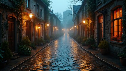 Obraz premium Charming old European village street in the rain glowing with warm lights
