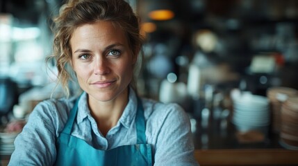 Captured in a lively cafe, a woman in a blue apron stands confidently against a blurred backdrop, embodying dedication and attentiveness in her work environment.