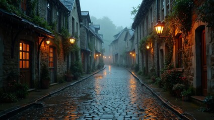 Obraz premium Charming old European village street in the rain glowing with warm lights
