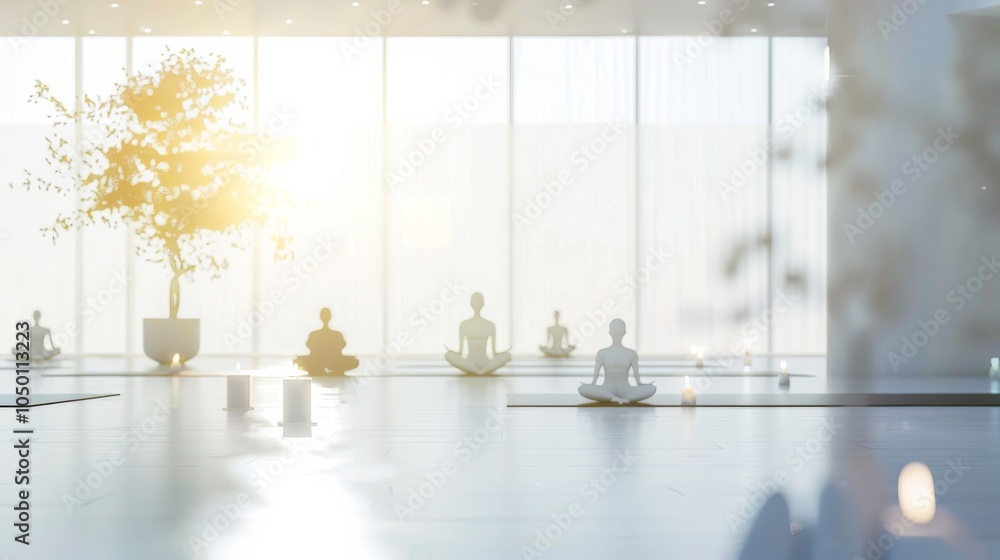 Poster a serene scene of a yoga class in a health center, with participants engaged in various poses and a 